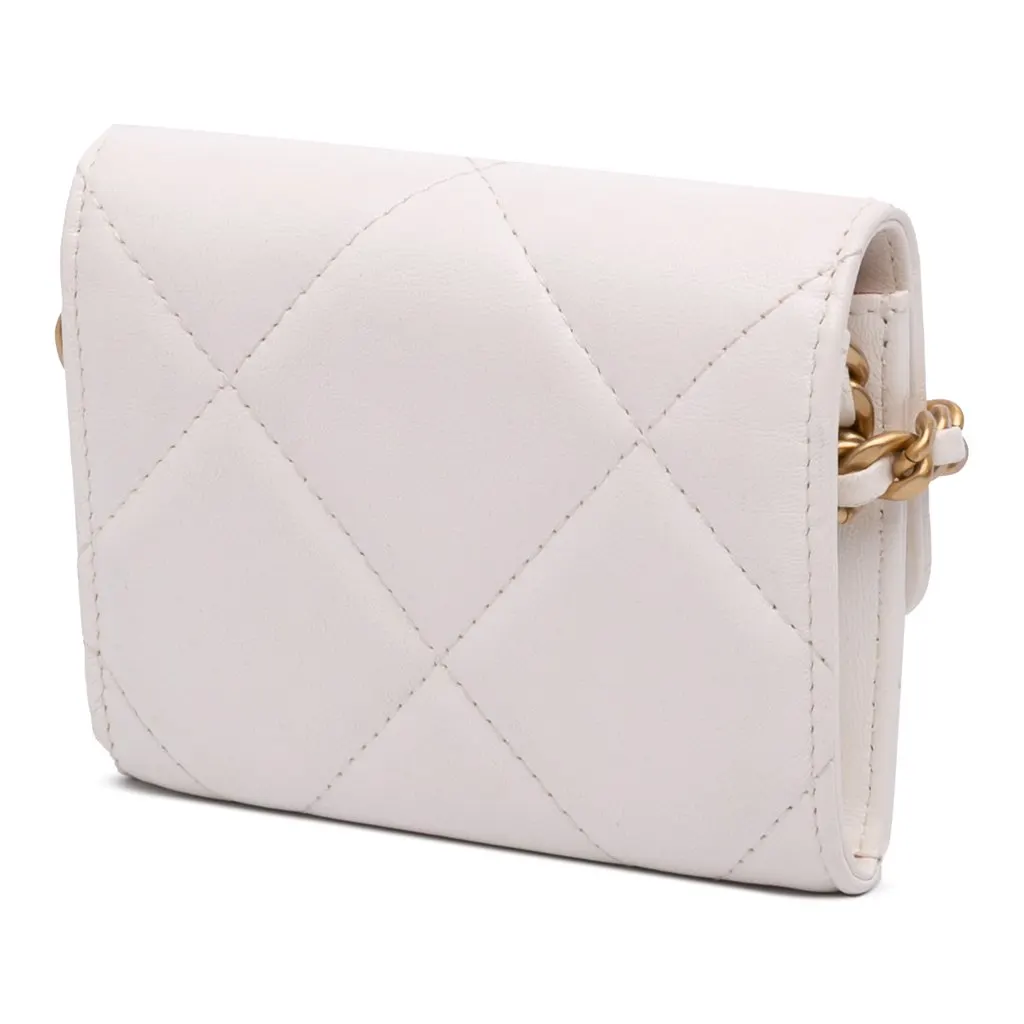 Chanel Quilted Lambskin Chanel 19 Card Holder On Chain White Leather Very good - Back View