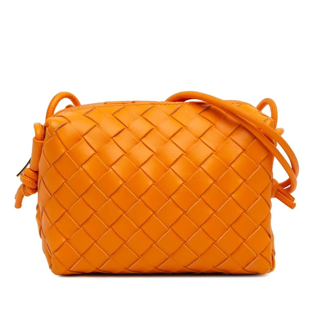 Bottega Veneta Mini Lambskin Intrecciato Loop Camera Bag Orange Leather Very good - Front View