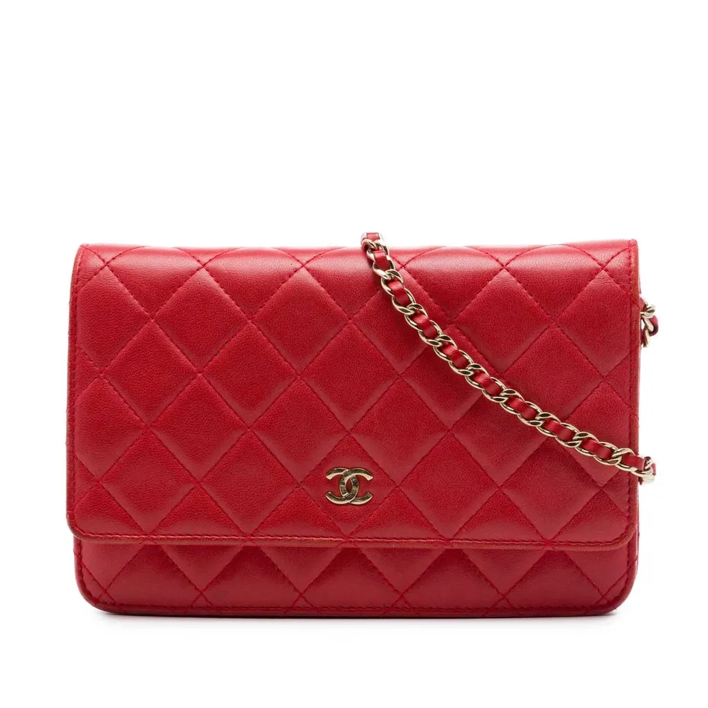 Chanel CC Quilted Lambskin Wallet on Chain Red Leather Very good - Front View