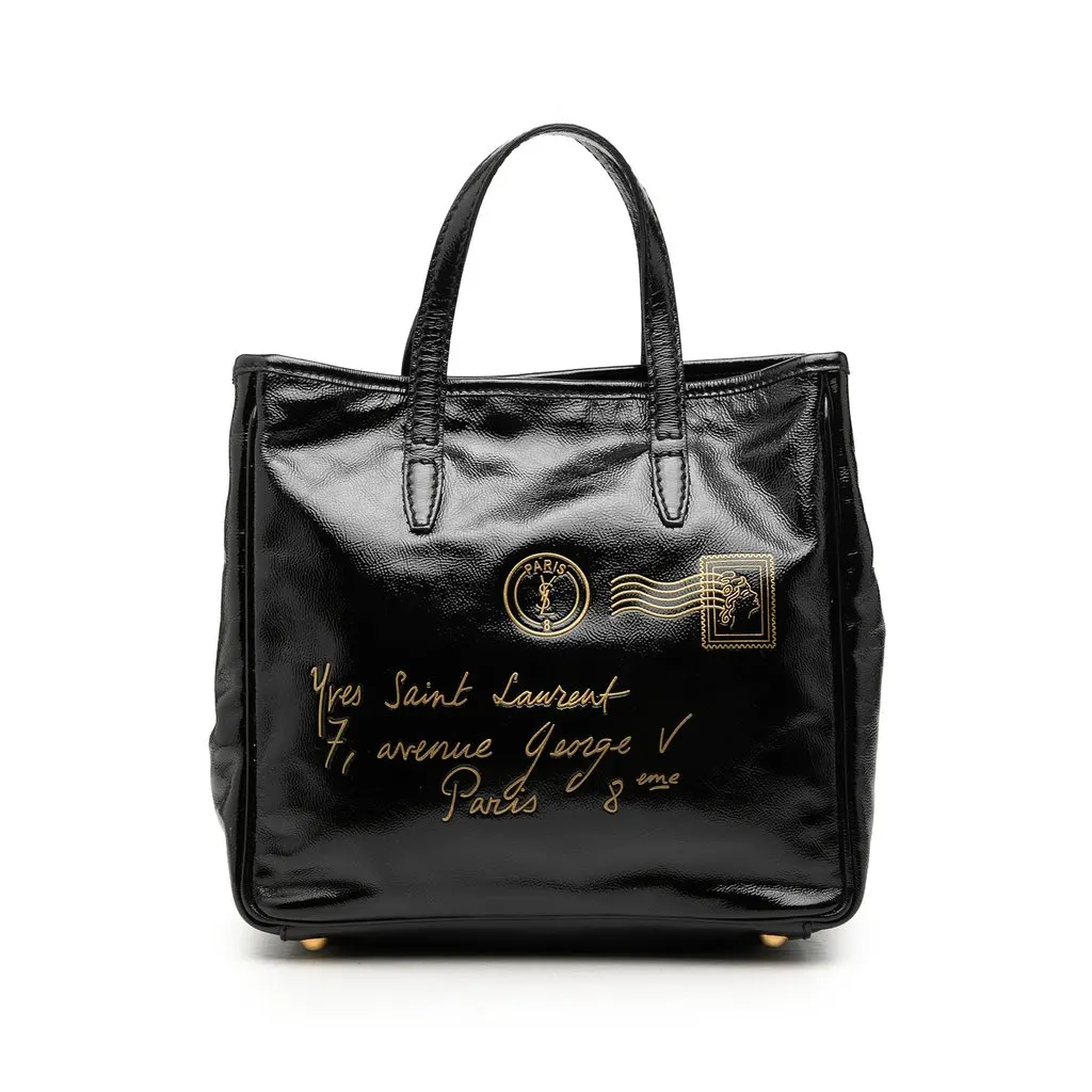 Saint Laurent Small Textured Patent Y Mail Tote Black Leather Very good - Front View