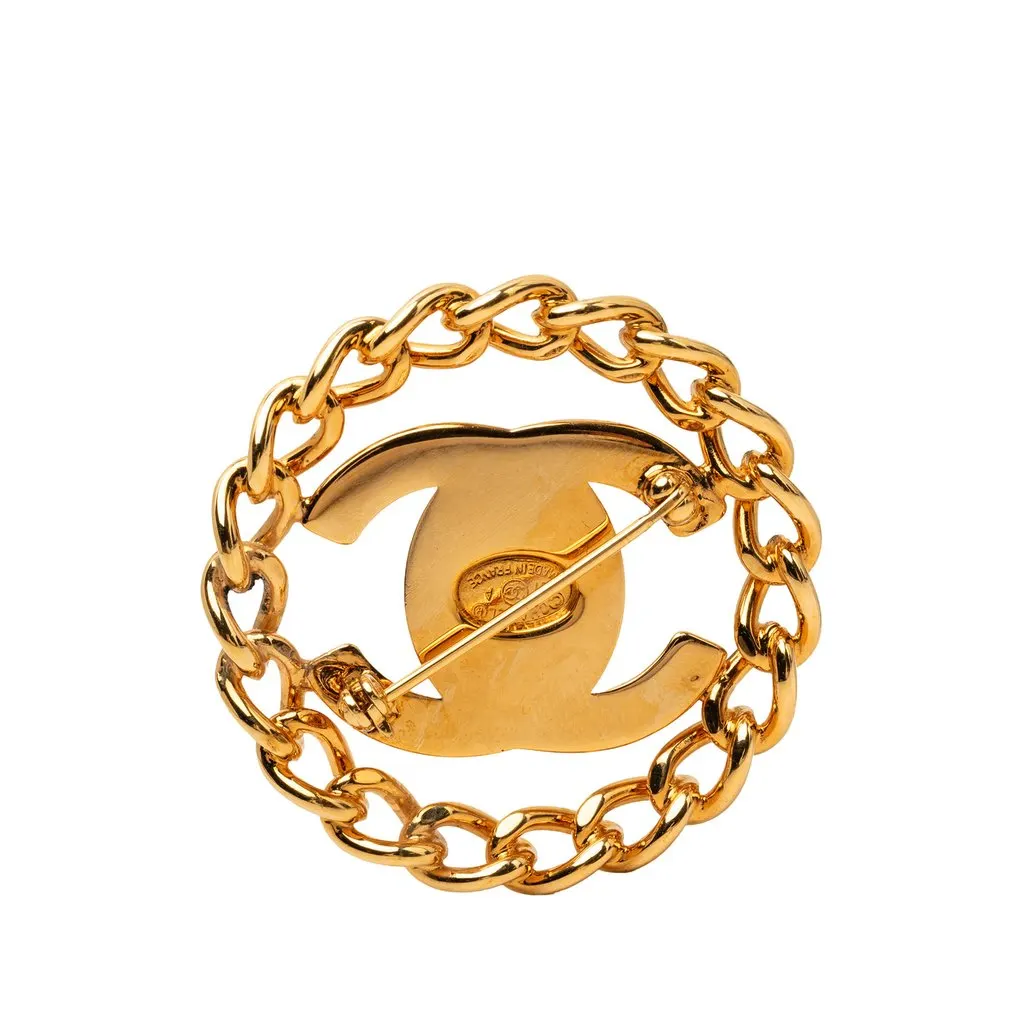 Chanel CC Gold Plated Turn Lock Chain Round Brooch Gold Metal Very good - Back View