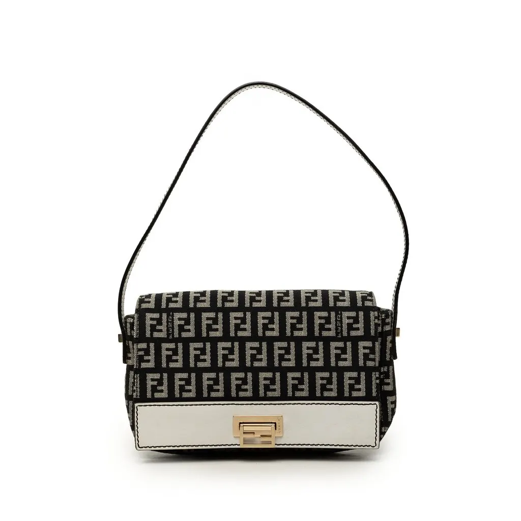Fendi Zucchino Canvas Shoulder Bag Black Good - Front View