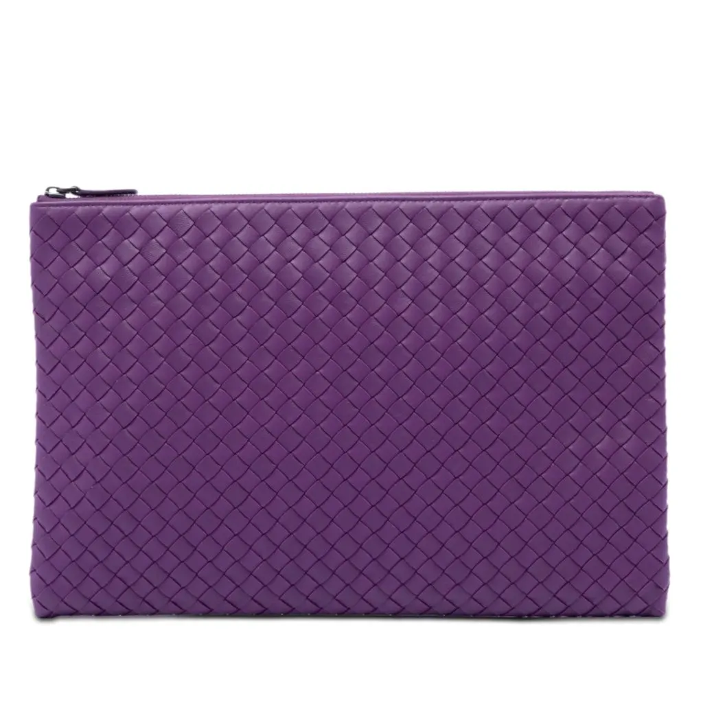 Bottega Veneta Large Nappa Intrecciato Flat Zip Biletto Pouch Purple Leather Very good - Front View