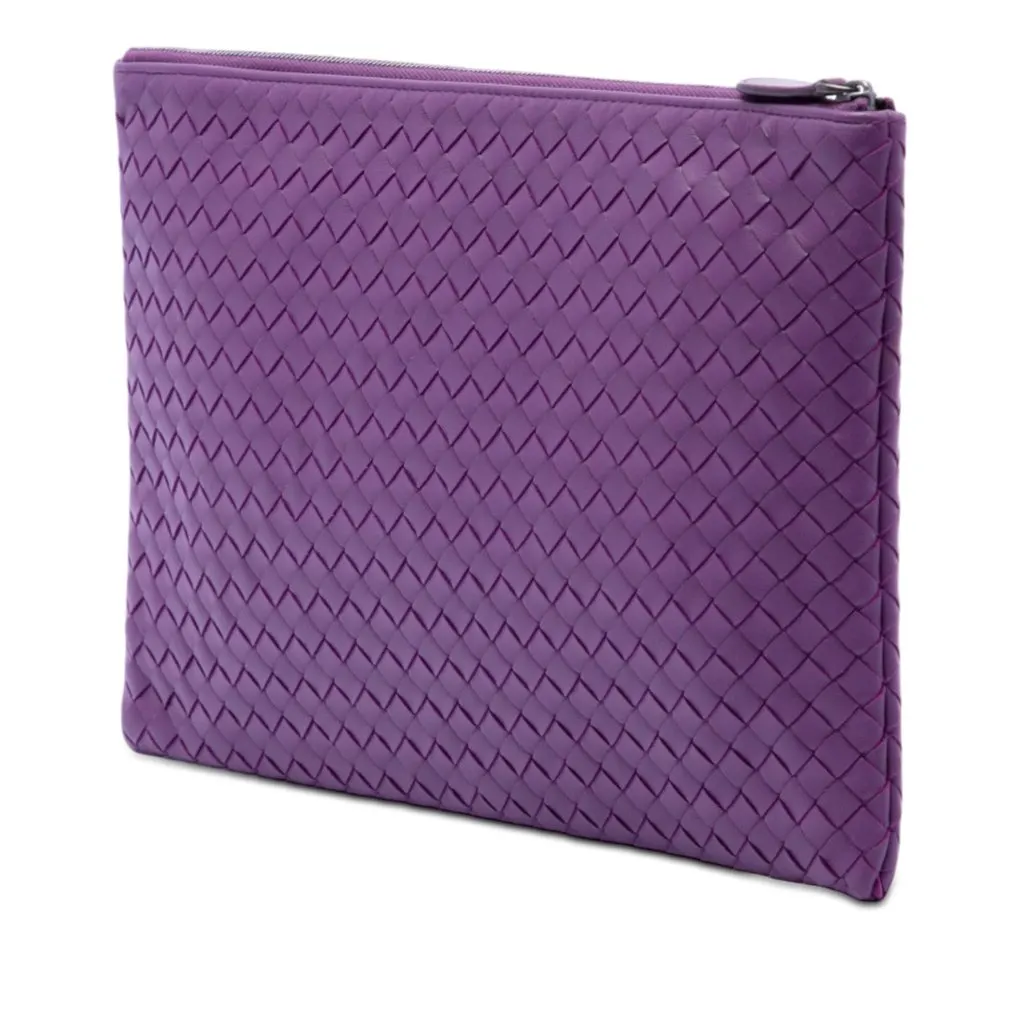 Bottega Veneta Large Nappa Intrecciato Flat Zip Biletto Pouch Purple Leather Very good - Back View