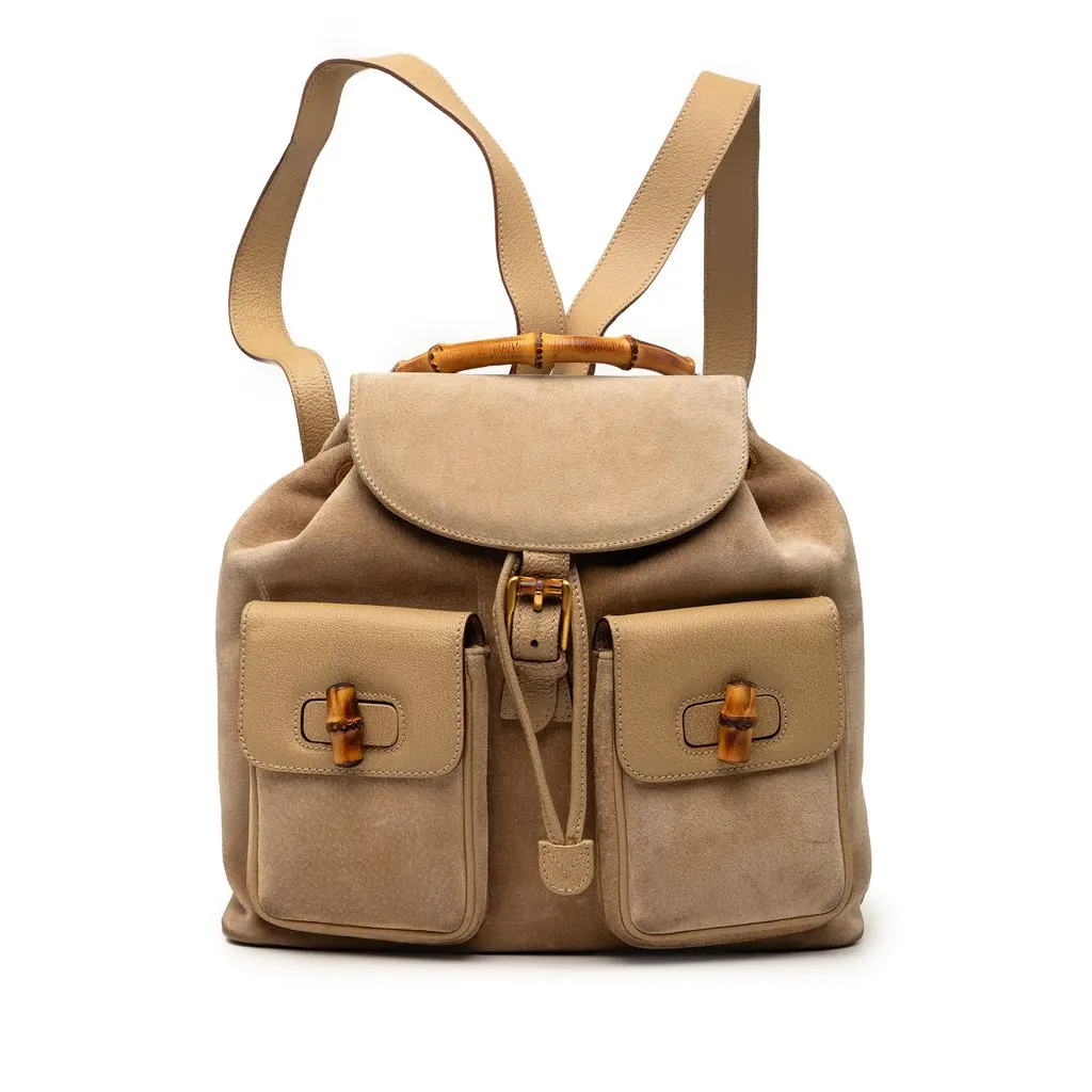 Gucci Suede Bamboo Drawstring Backpack Brown Leather Very good - Front View