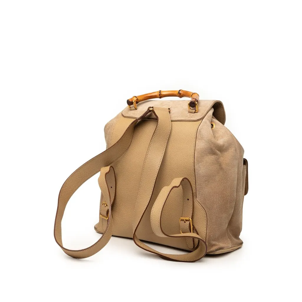 Gucci Suede Bamboo Drawstring Backpack Brown Leather Very good - Back View