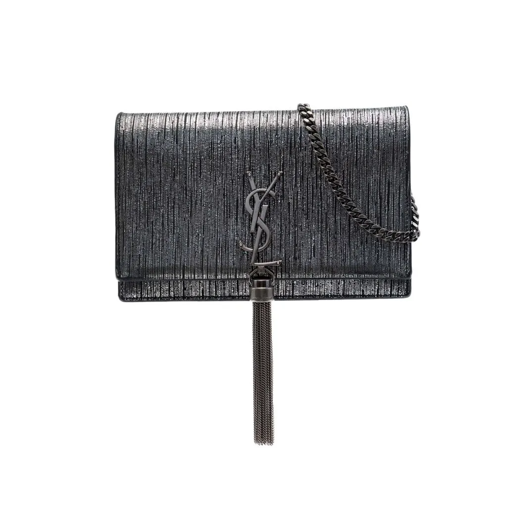 Saint Laurent Metallic Suede Monogram Kate Tassel Wallet on Chain Silver Leather Very good - Front View