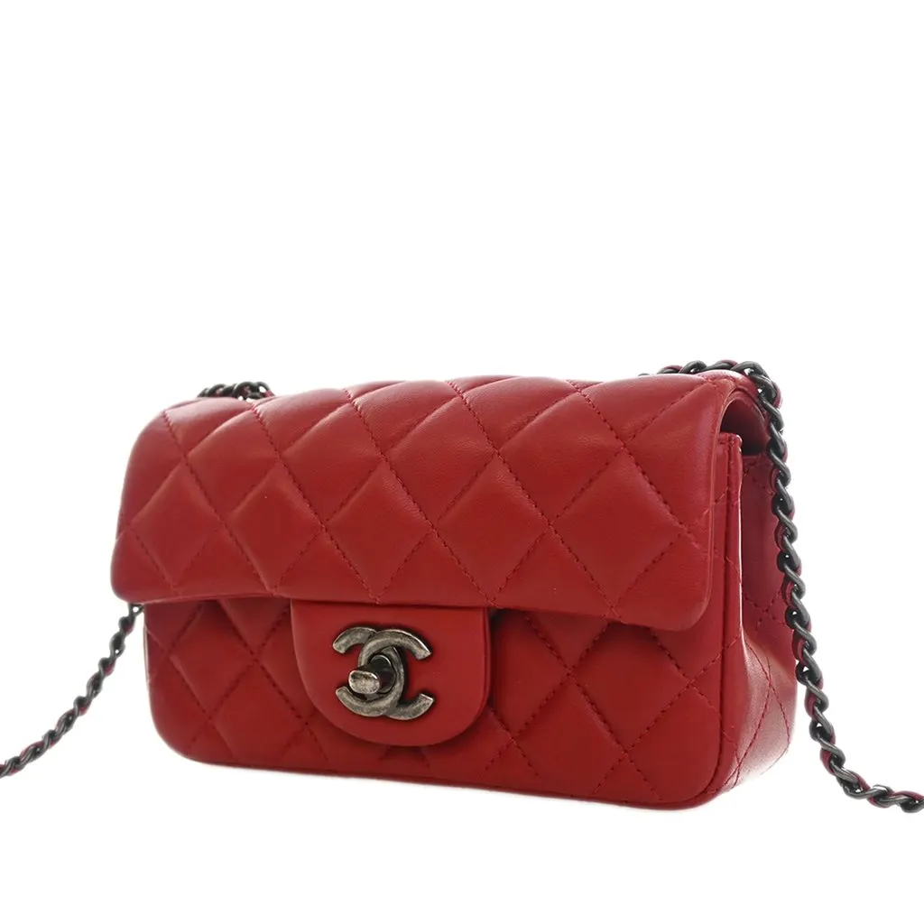 Chanel Extra Mini Rectangular Classic Lambskin Single Flap Red Leather Very good - Model View