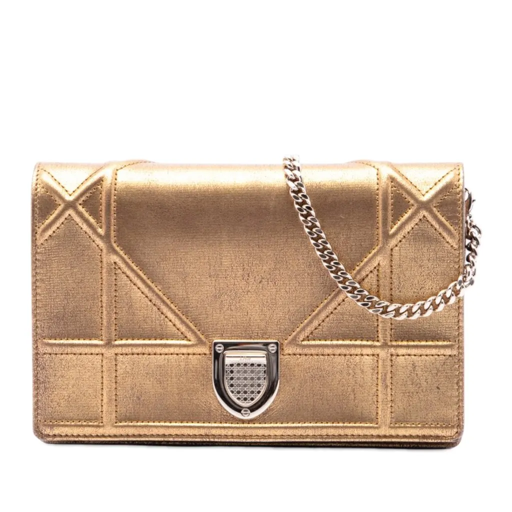 Dior Metallic Calfskin Diorama Wallet on Chain Gold Leather Very good - Front View