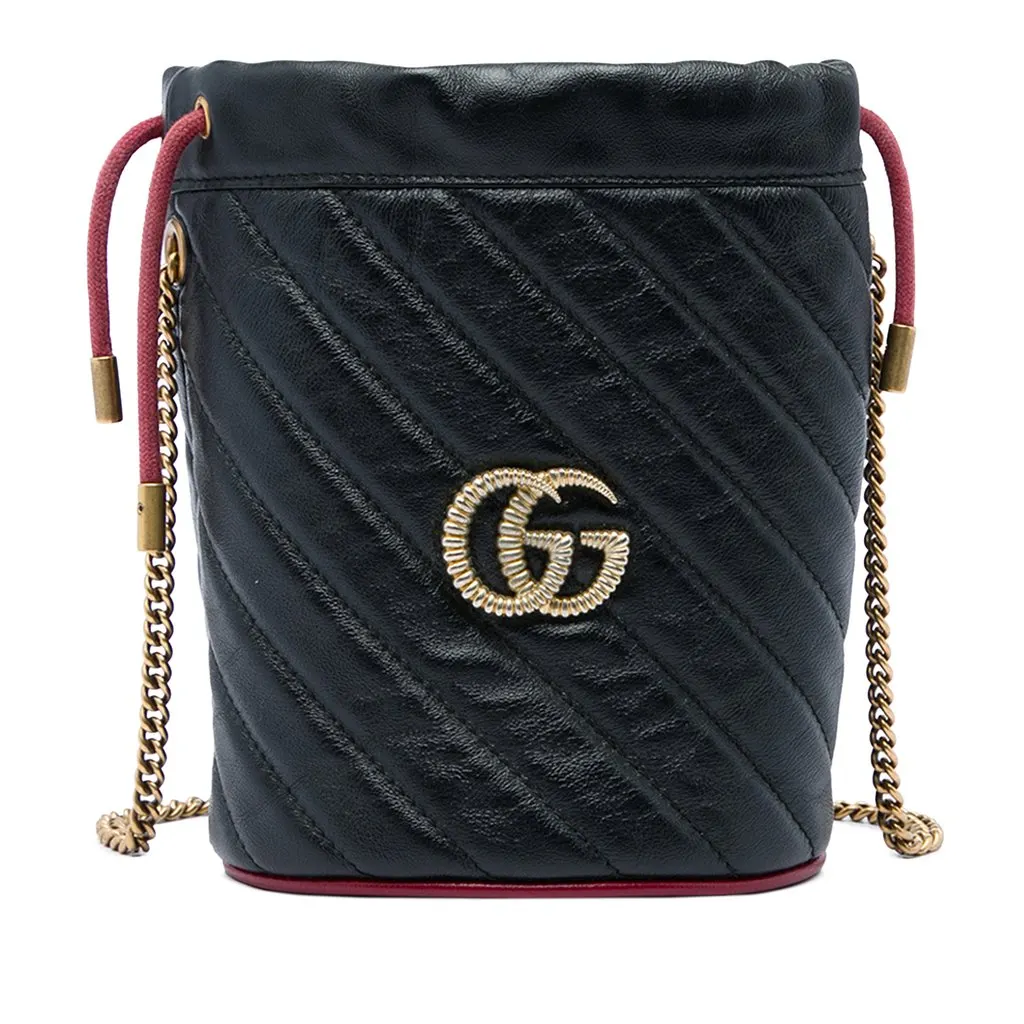 Gucci Mini GG Marmont Matelasse Diagonal Leather Torchon Bucket Bag Black Leather Very good - Front View