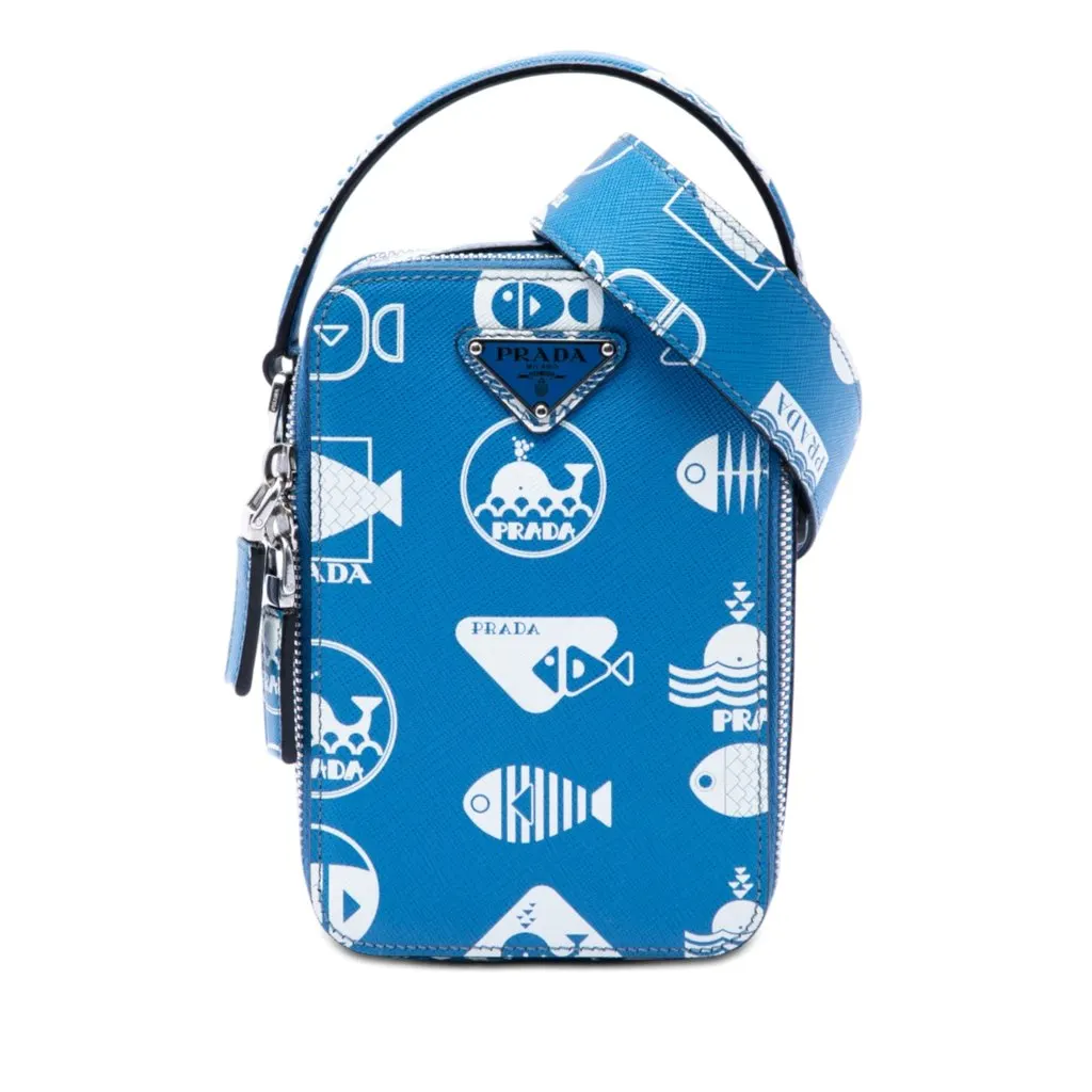 Prada Saffiano Whale Brique Vertical Crossbody Blue Leather Very good - Front View