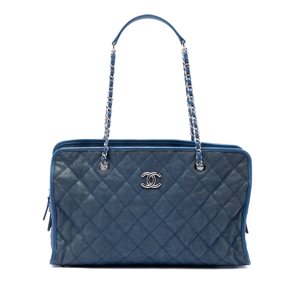 Chanel Quilted Caviar French Riviera Tote Blue Leather Very good - Front View