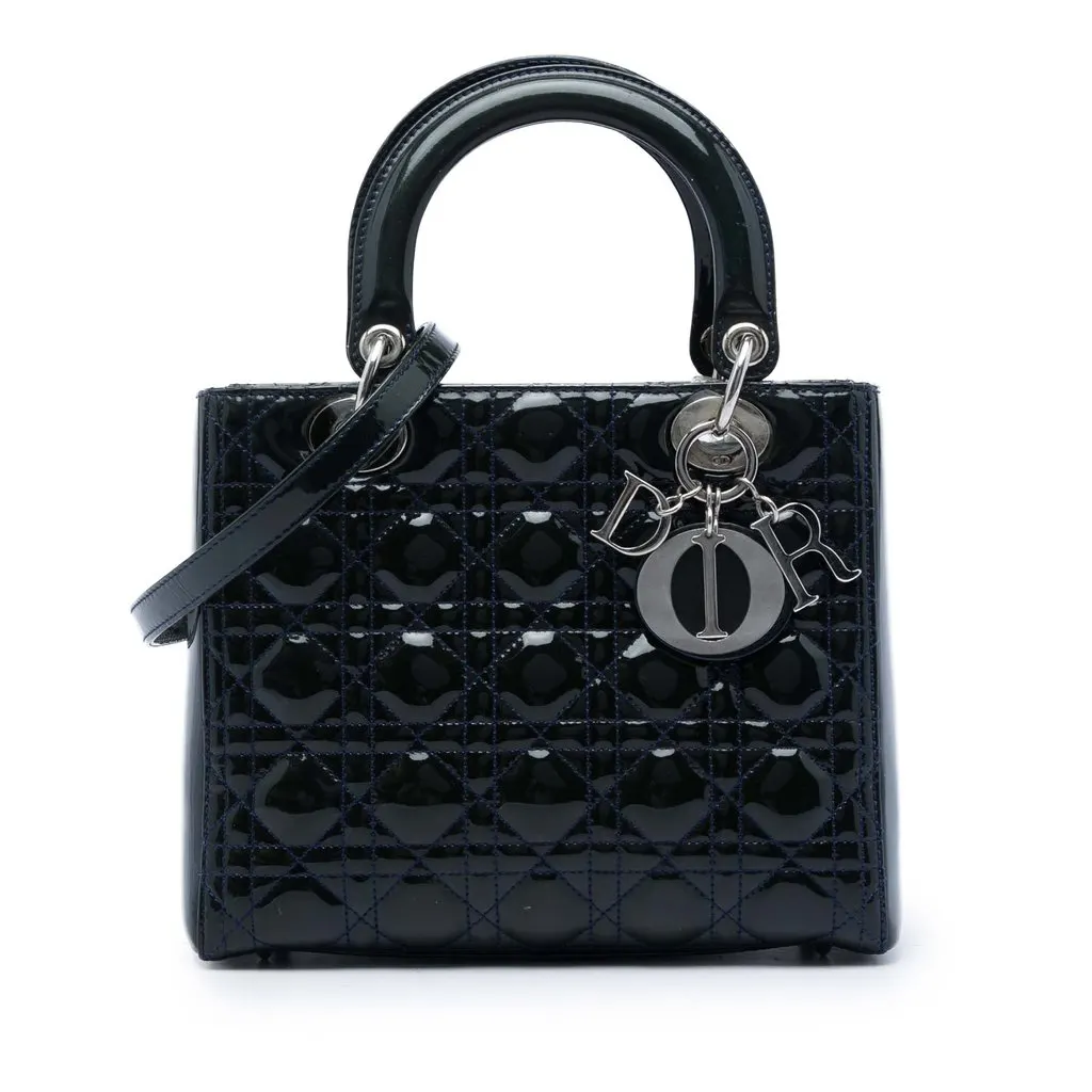 Dior Medium Patent Cannage Lady Dior Blue Leather Good - Front View