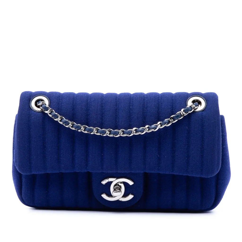 Chanel Mini Vertical Quilted Jersey Single Flap Blue Very good - Front View