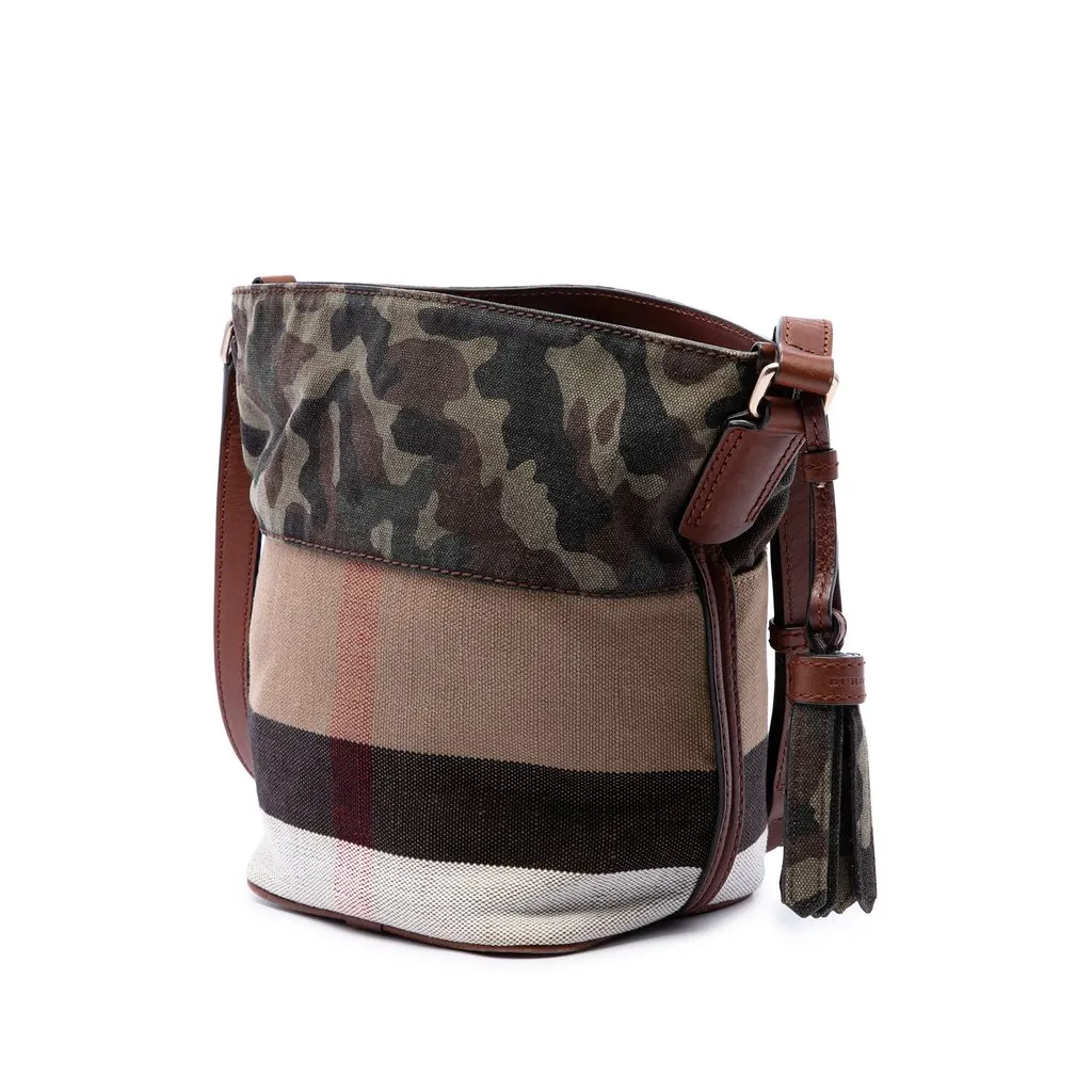 Burberry Mini Mega Check Canvas Camouflage Ashby Tassel Bucket Bag Brown Canvas Very good - Back View