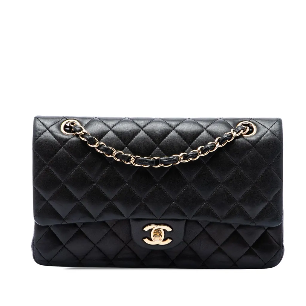 Chanel Medium Classic Lambskin Double Flap Black Leather Very good - Front View