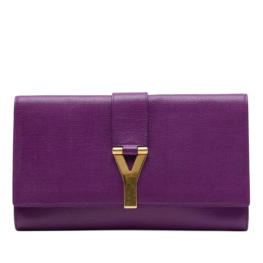 Saint Laurent Textured Leather Chyc Ligne Clutch Purple Leather Good - Front View
