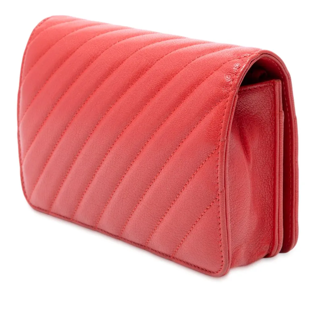 Chanel CC Diagonal Quilted Goatskin Wallet On Chain Red Leather Very good - Back View