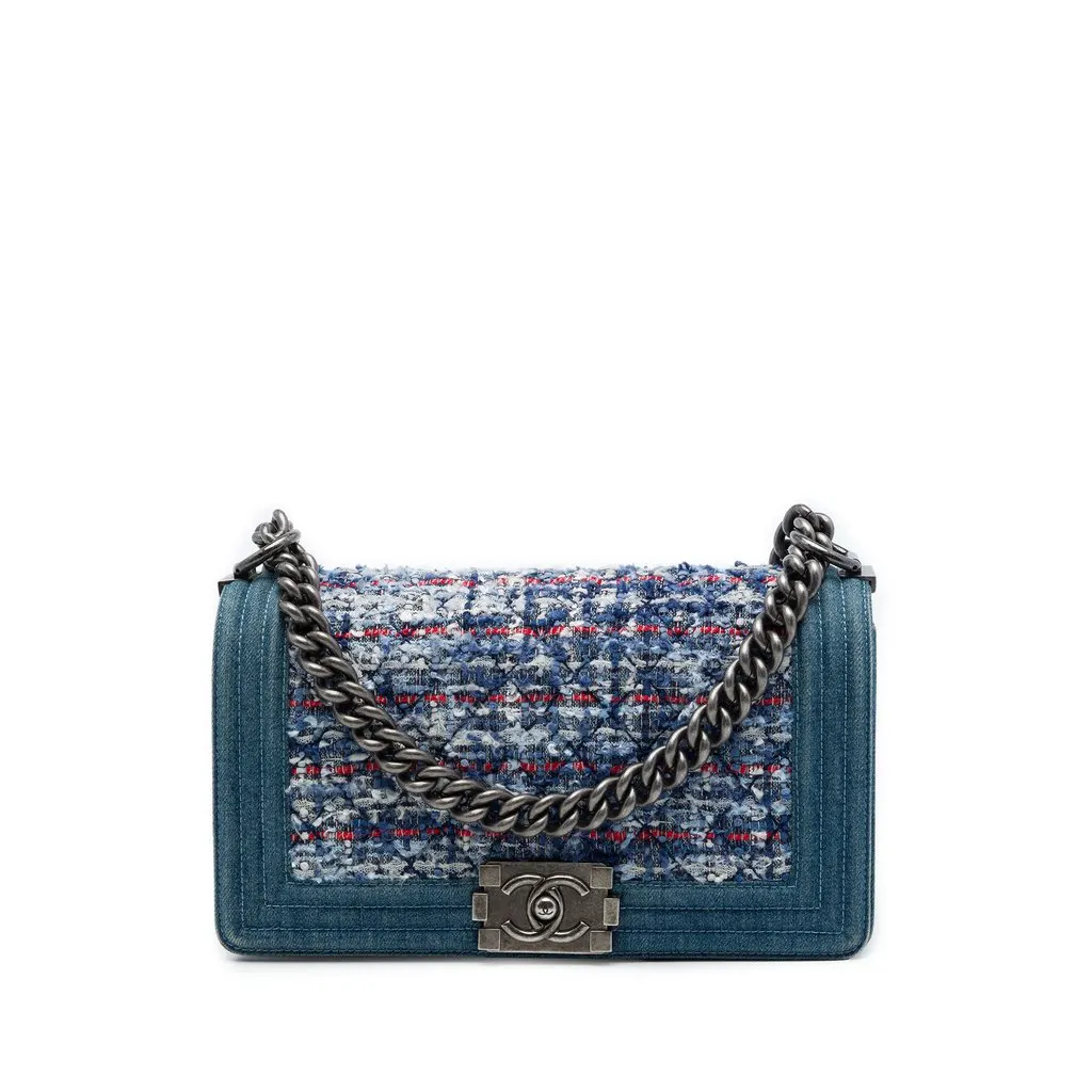 Chanel Old Medium Quilted Denim and Tweed Boy Flap Blue Tweed Very good - Front View