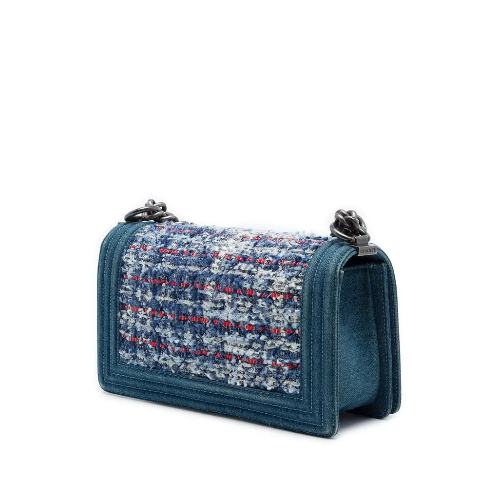 Chanel Old Medium Quilted Denim and Tweed Boy Flap Blue Tweed Very good - Back View