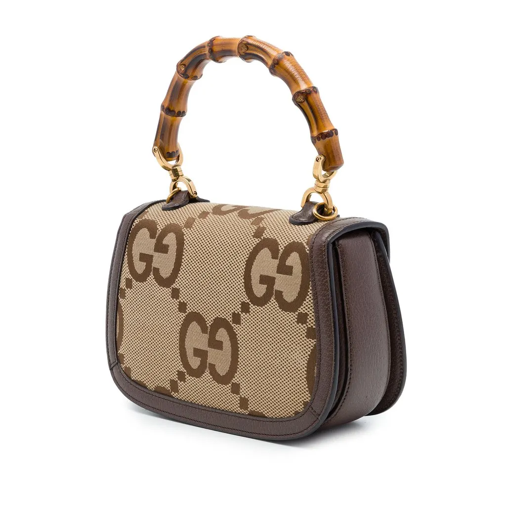 Gucci Small Jumbo GG Canvas Web Bamboo 1947 Top Handle Bag Beige Canvas Good - Back View
