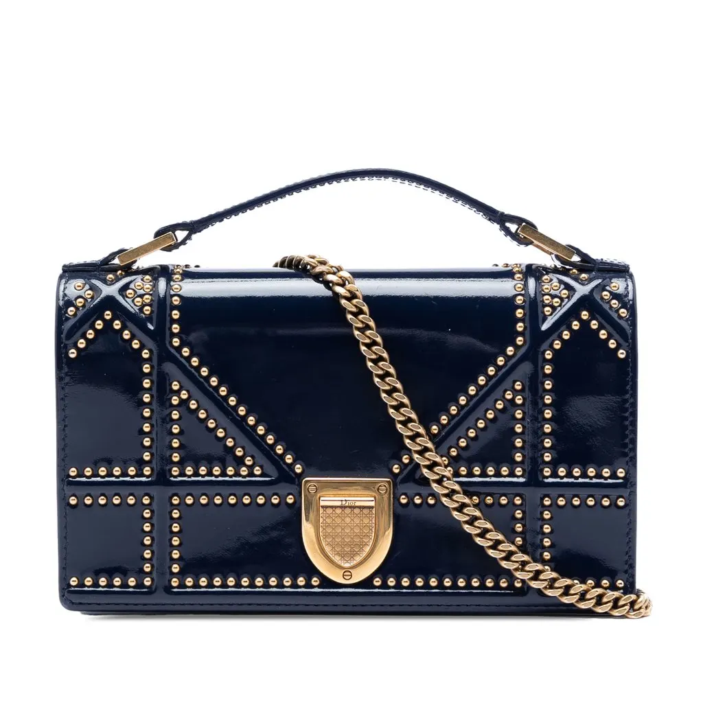 Dior Patent Studded Diorama Top Handle Wallet on Chain Blue Leather Very good - Front View