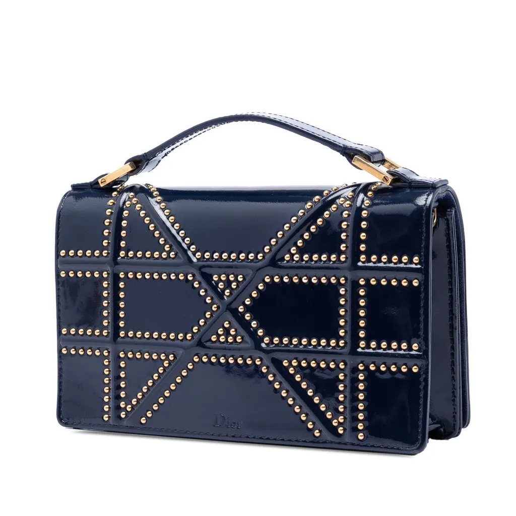 Dior Patent Studded Diorama Top Handle Wallet on Chain Blue Leather Very good - Back View