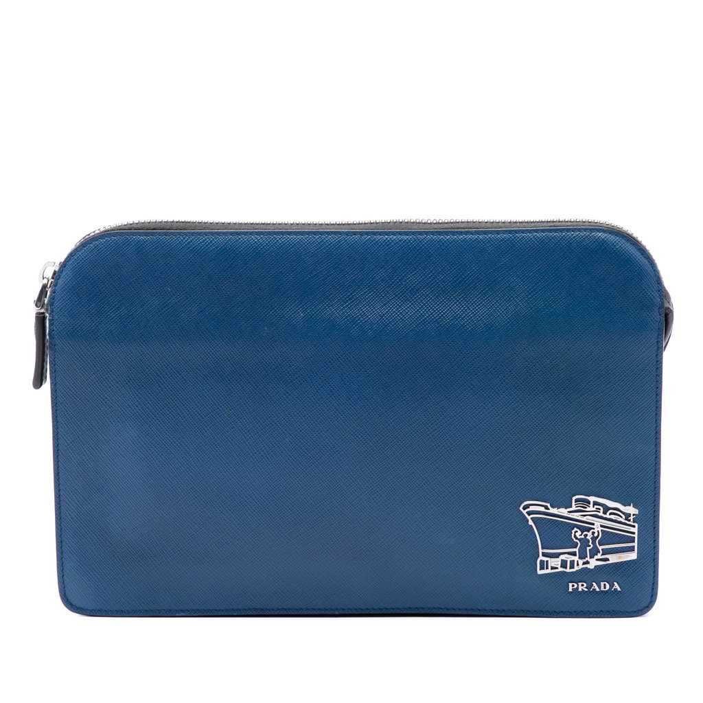 Prada Saffiano Cruise Ship Voyage Clutch Blue Medium Leather