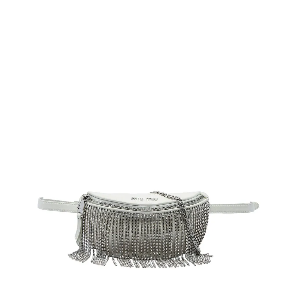 Miu Miu Nappa Crystal Fringe Convertible Belt Bag White Leather Very good - Front View