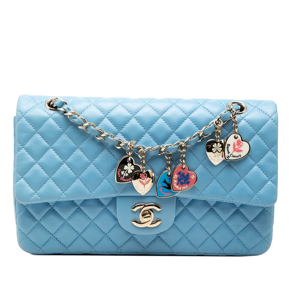 Chanel Medium Classic Lambskin Valentines Heart Charms Single Flap Blue Leather Very good - Front View