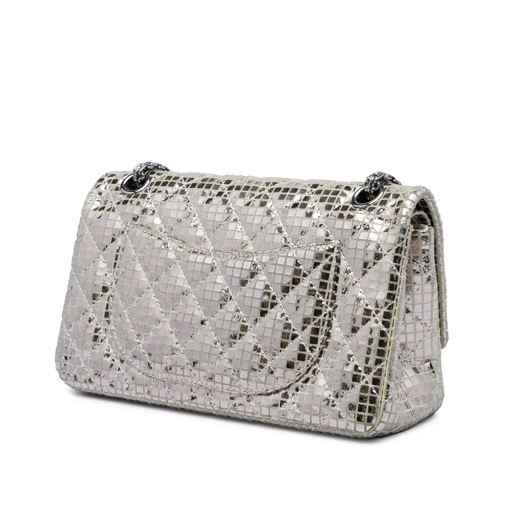 Chanel Quilted Mirror Calfskin and Suede Reissue 2.55 Double Flap 225 Silver Leather Very good - Back View