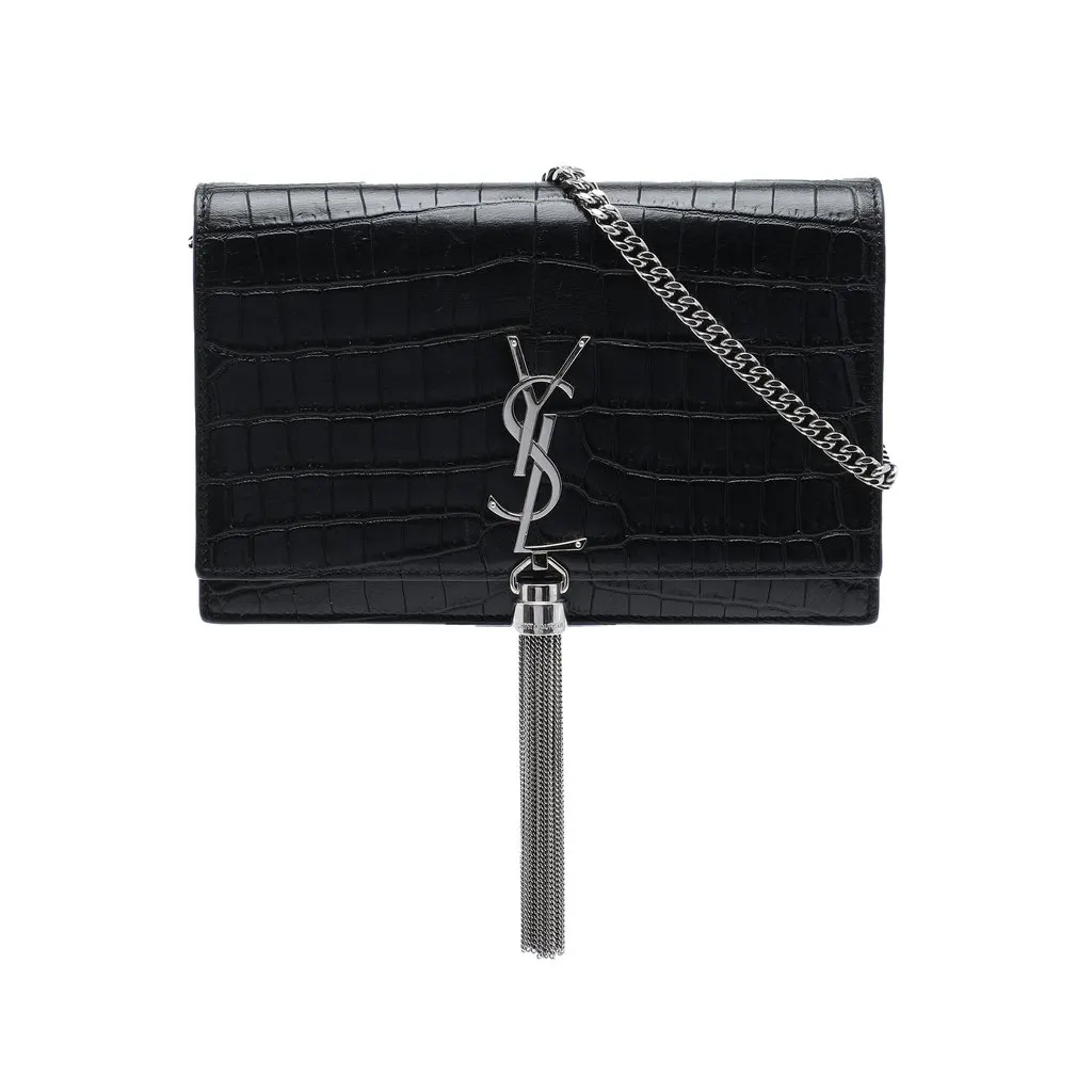 Saint Laurent Croc Embossed Leather Monogram Kate Tassel Wallet on Chain Black Leather Very good - Front View