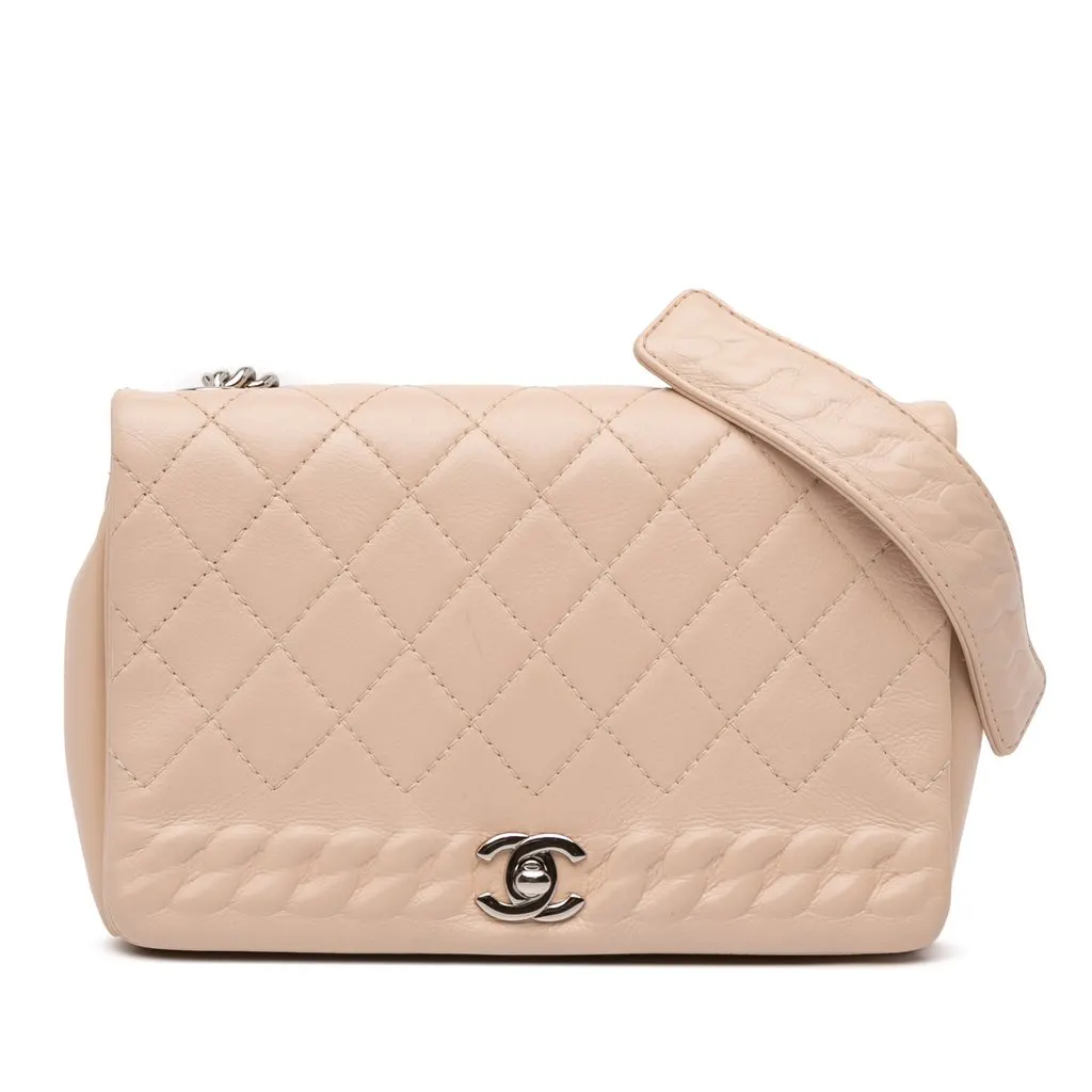 Chanel Quilted Calfskin Chain Embossed Flap Brown Leather Good - Front View