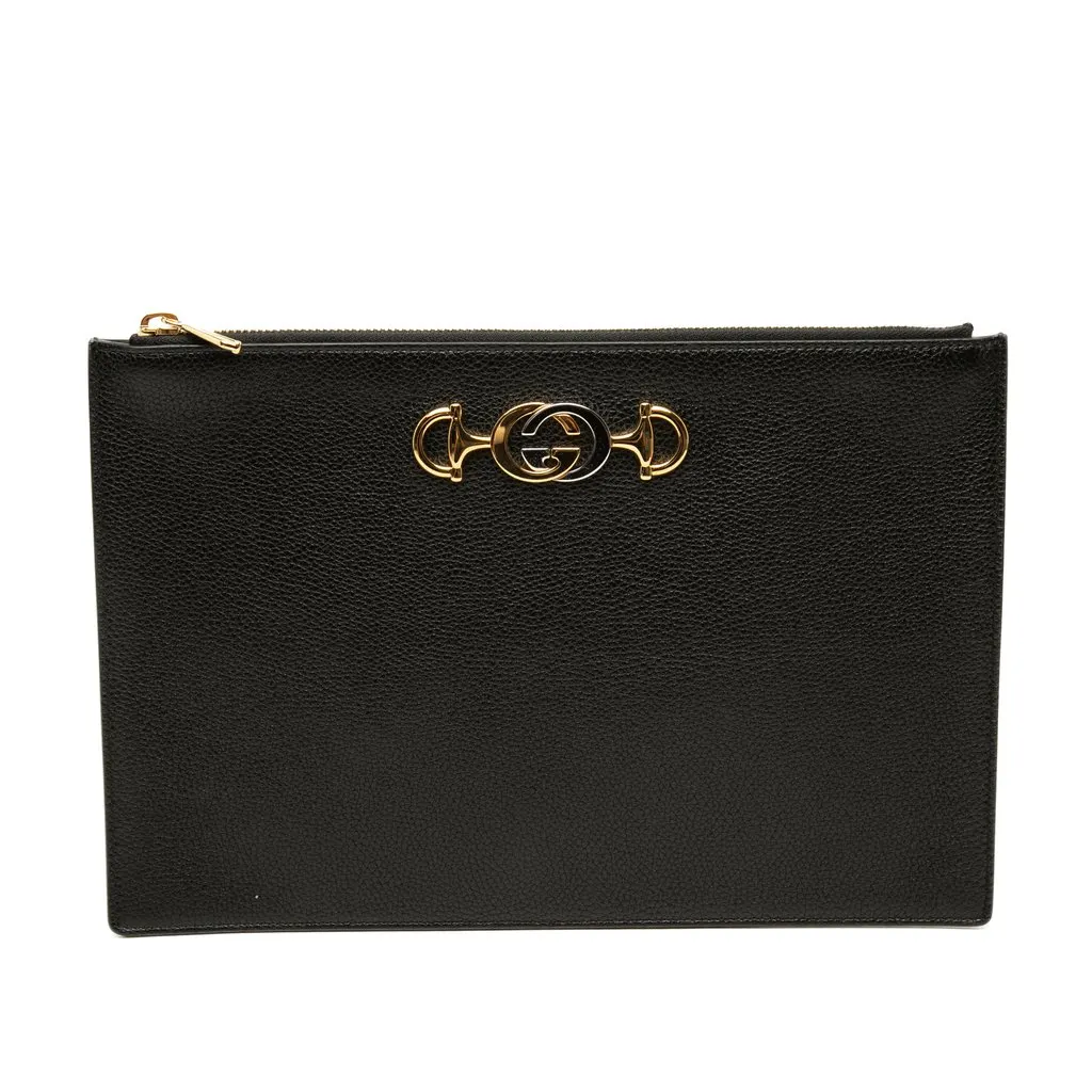 Gucci Grained Calfskin Zumi Zip Pouch Black Leather Very good - Front View