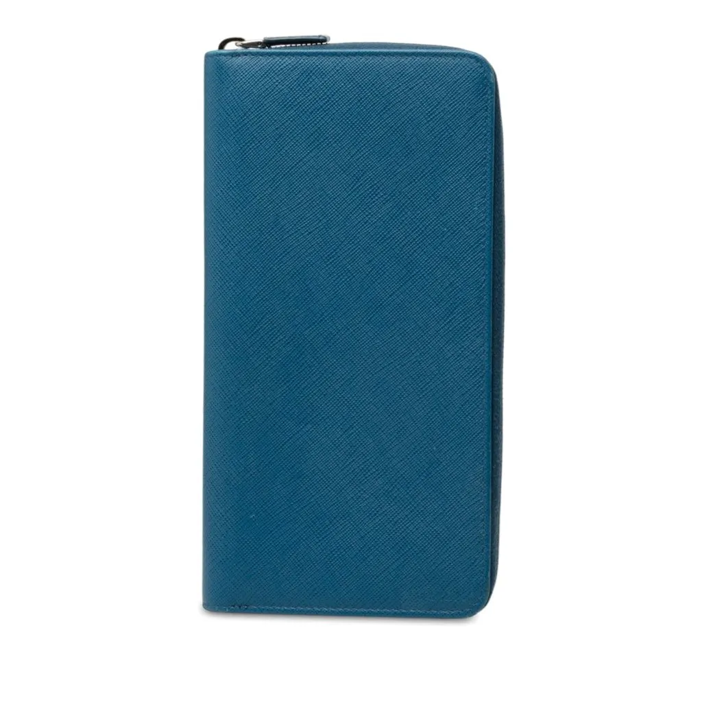 Prada Saffiano Zip Around Portfolio Wallet Blue Leather Good - Front View