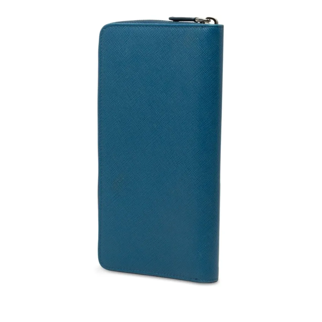 Prada Saffiano Zip Around Portfolio Wallet Blue Leather Good - Back View