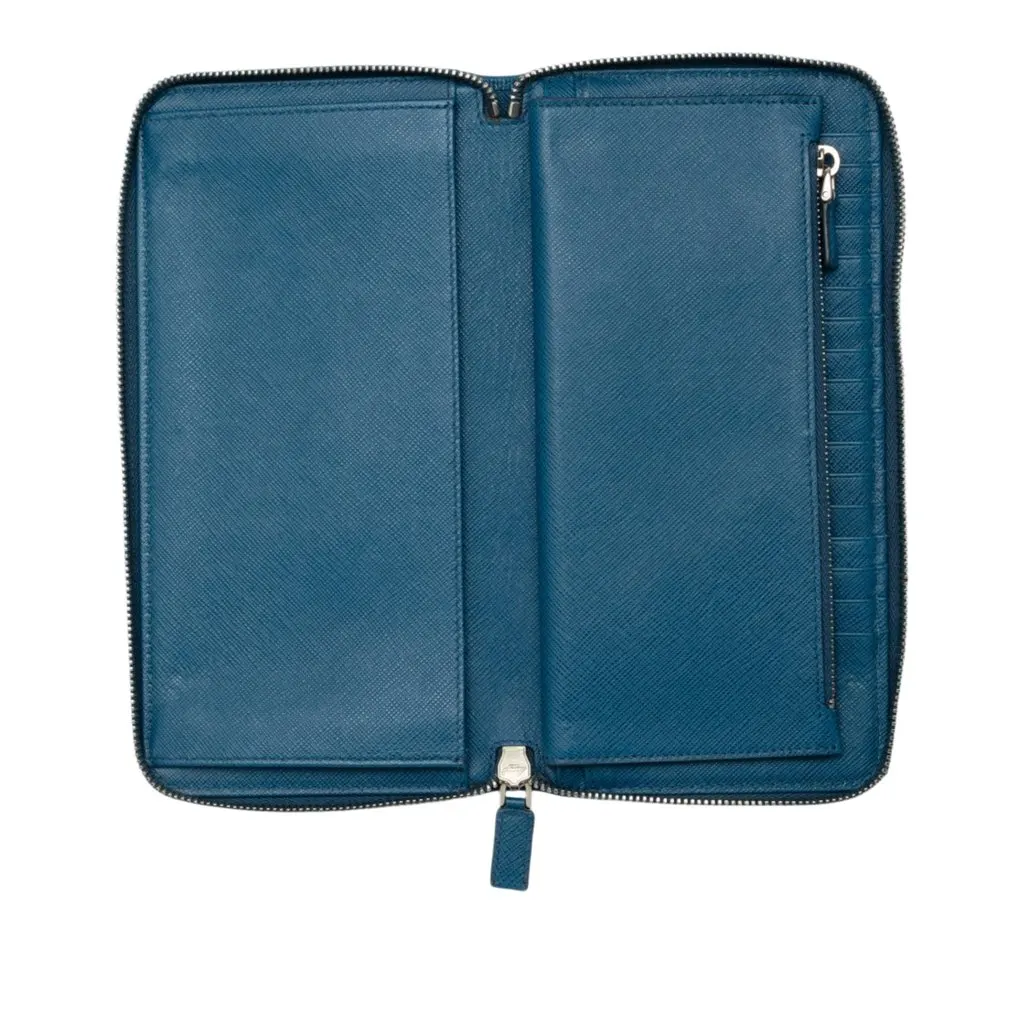 Prada Saffiano Zip Around Portfolio Wallet Blue Leather Good - Model View