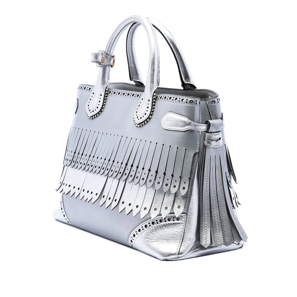 Burberry Medium Metallic Leather Brogue Banner Satchel Silver Leather Very good - Back View