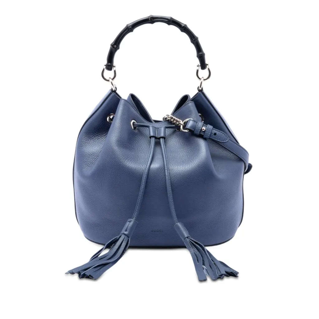 Gucci Pebbled Calfskin Miss Bamboo Tassel Bucket Bag Blue Leather Very good - Front View