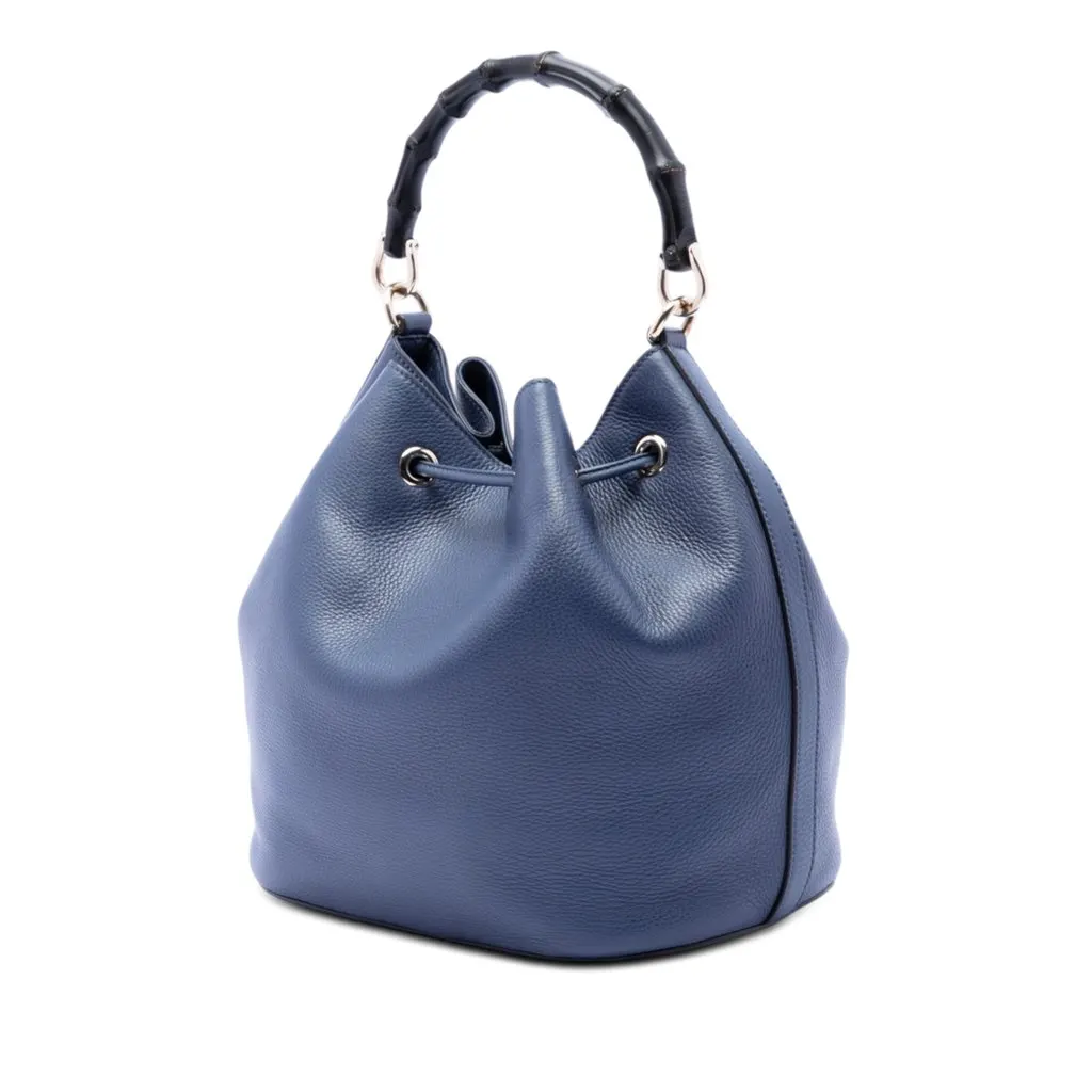Gucci Pebbled Calfskin Miss Bamboo Tassel Bucket Bag Blue Leather Very good - Back View
