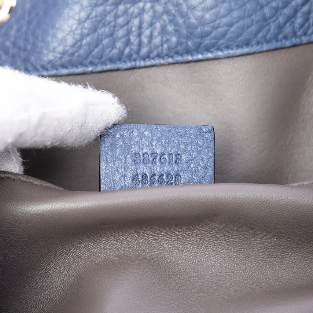 Gucci Pebbled Calfskin Miss Bamboo Tassel Bucket Bag Blue Leather Very good - Box View