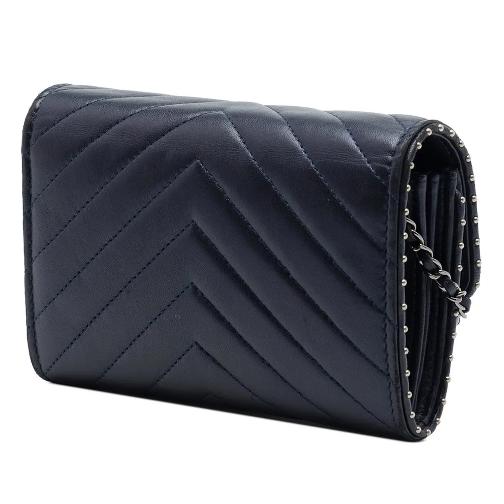 Chanel CC Chevron Lambskin Studded Wallet On Chain Blue Leather Very good - Back View