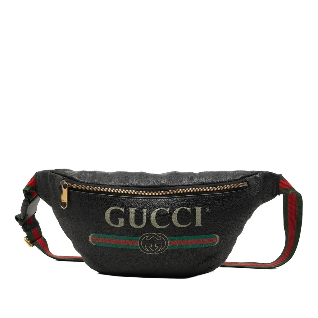 Gucci Grained Calfskin Web Logo Belt Bag Black Leather Good - Front View