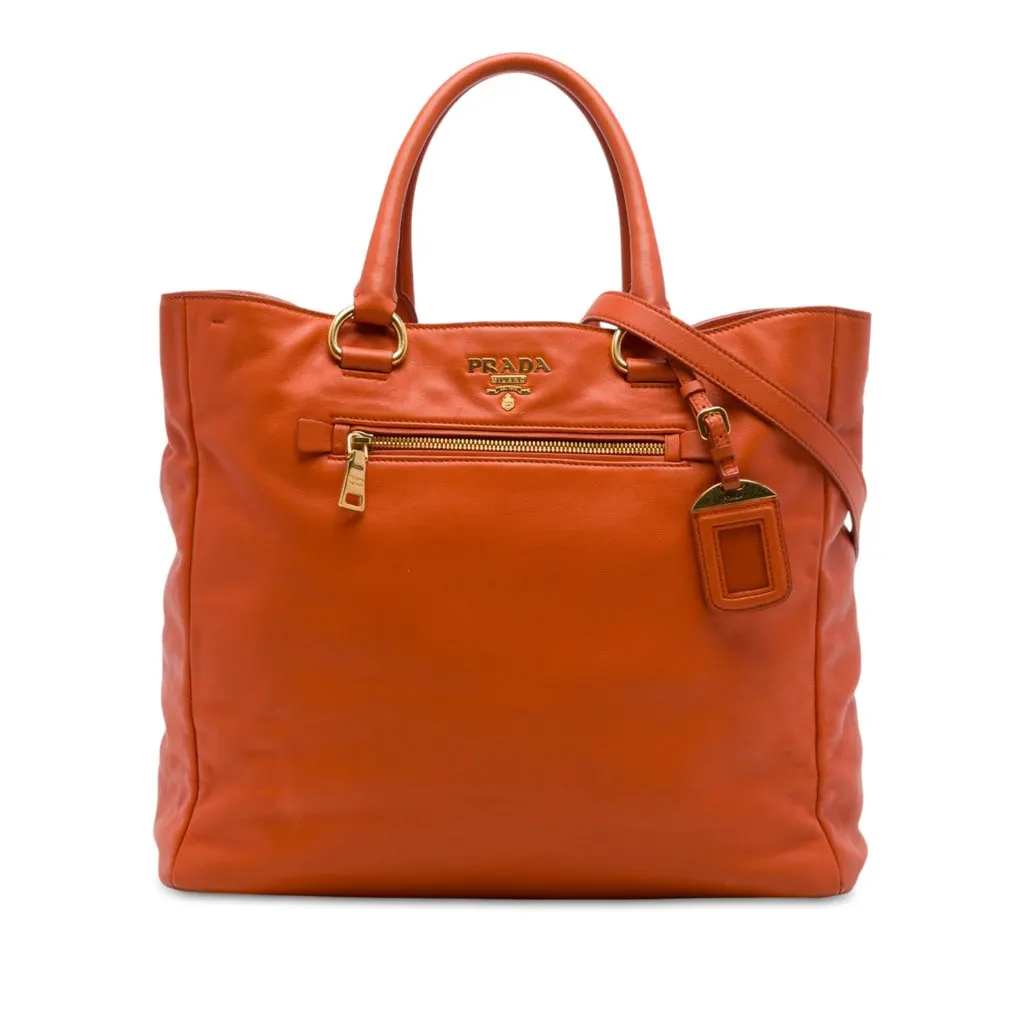 Prada Vitello Daino Front Zip Open Convertible Tote Orange Leather Very good - Front View