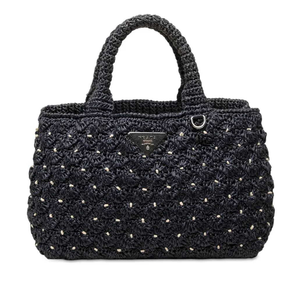 Prada Raffia Effect Crochet Pois Satchel