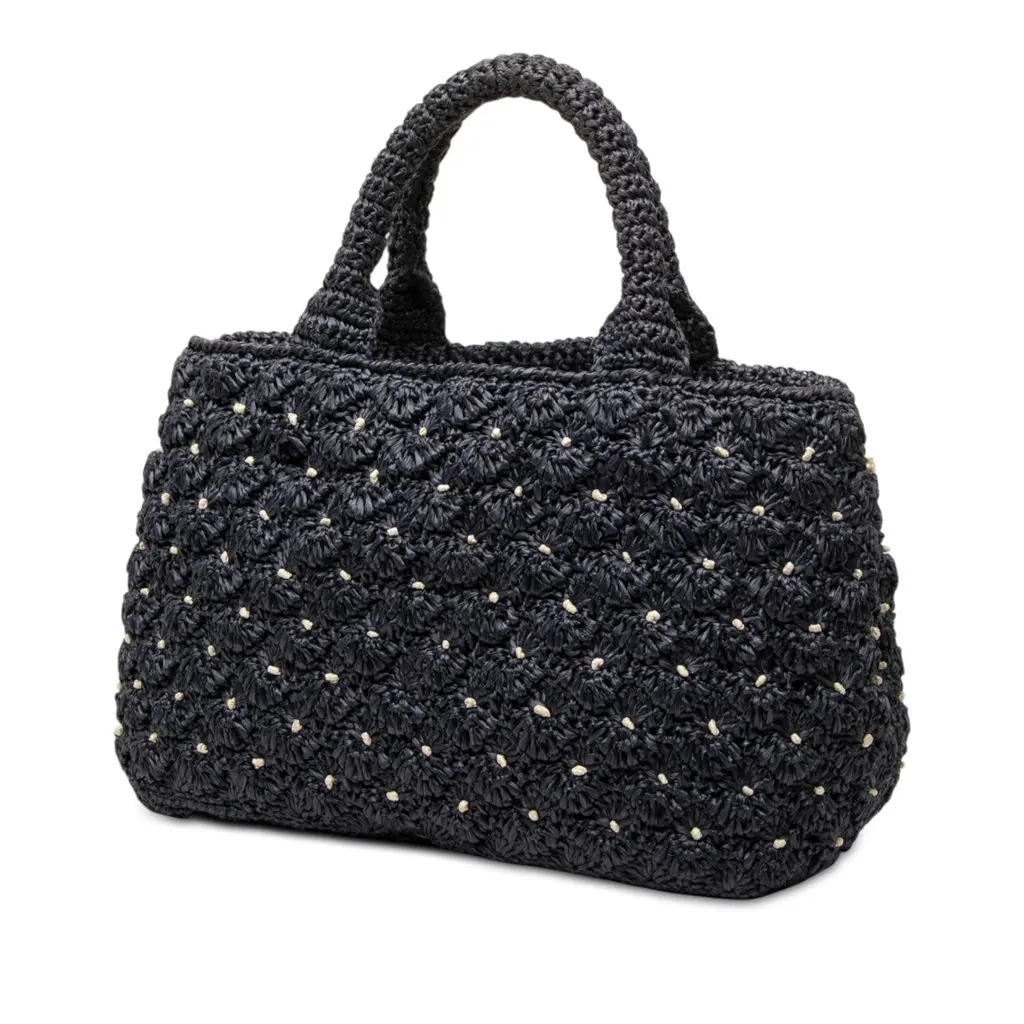Prada Raffia Effect Crochet Pois Satchel Blue Very good - Back View