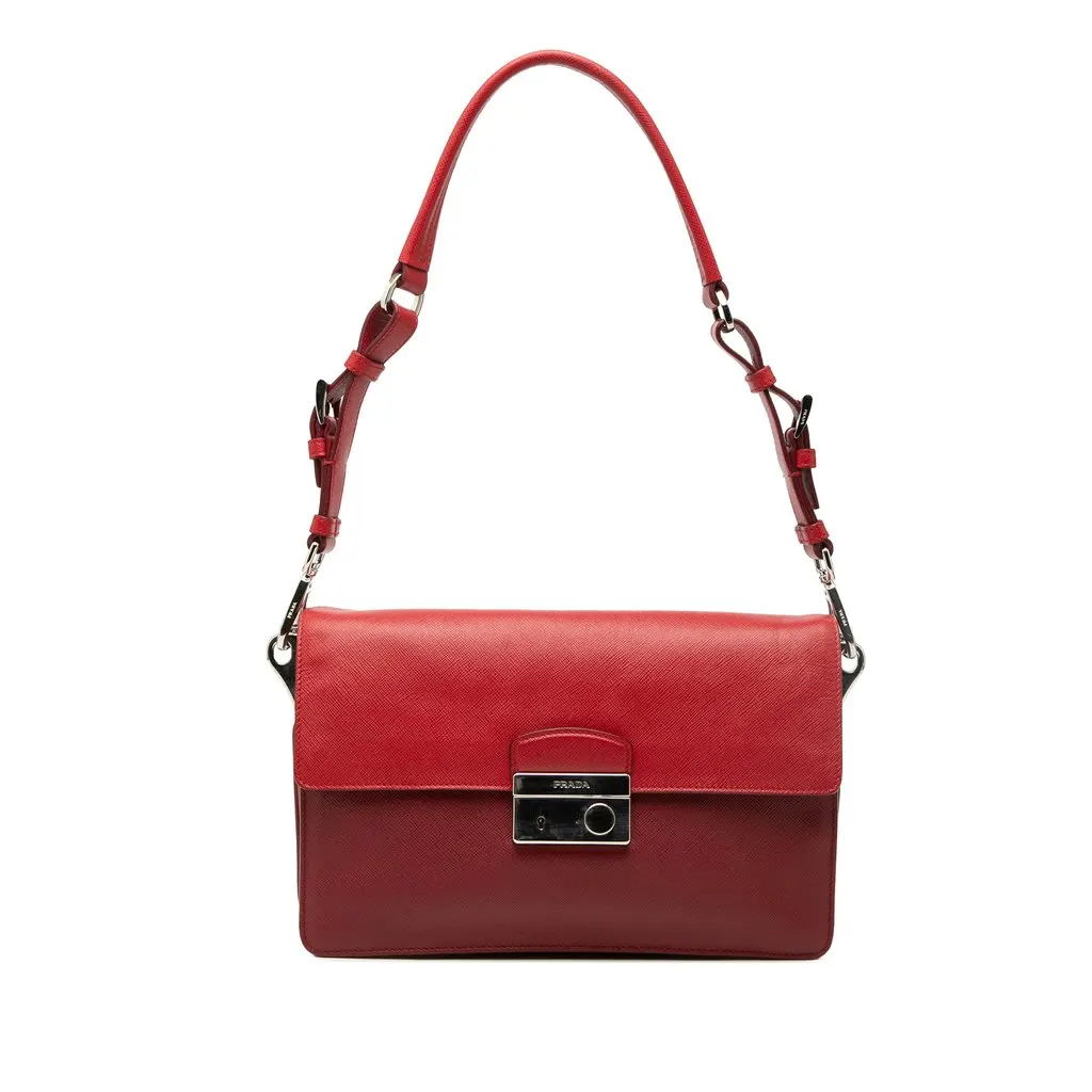 Prada Bicolor Saffiano Sound Lock Shoulder Bag Red Leather Very good - Front View