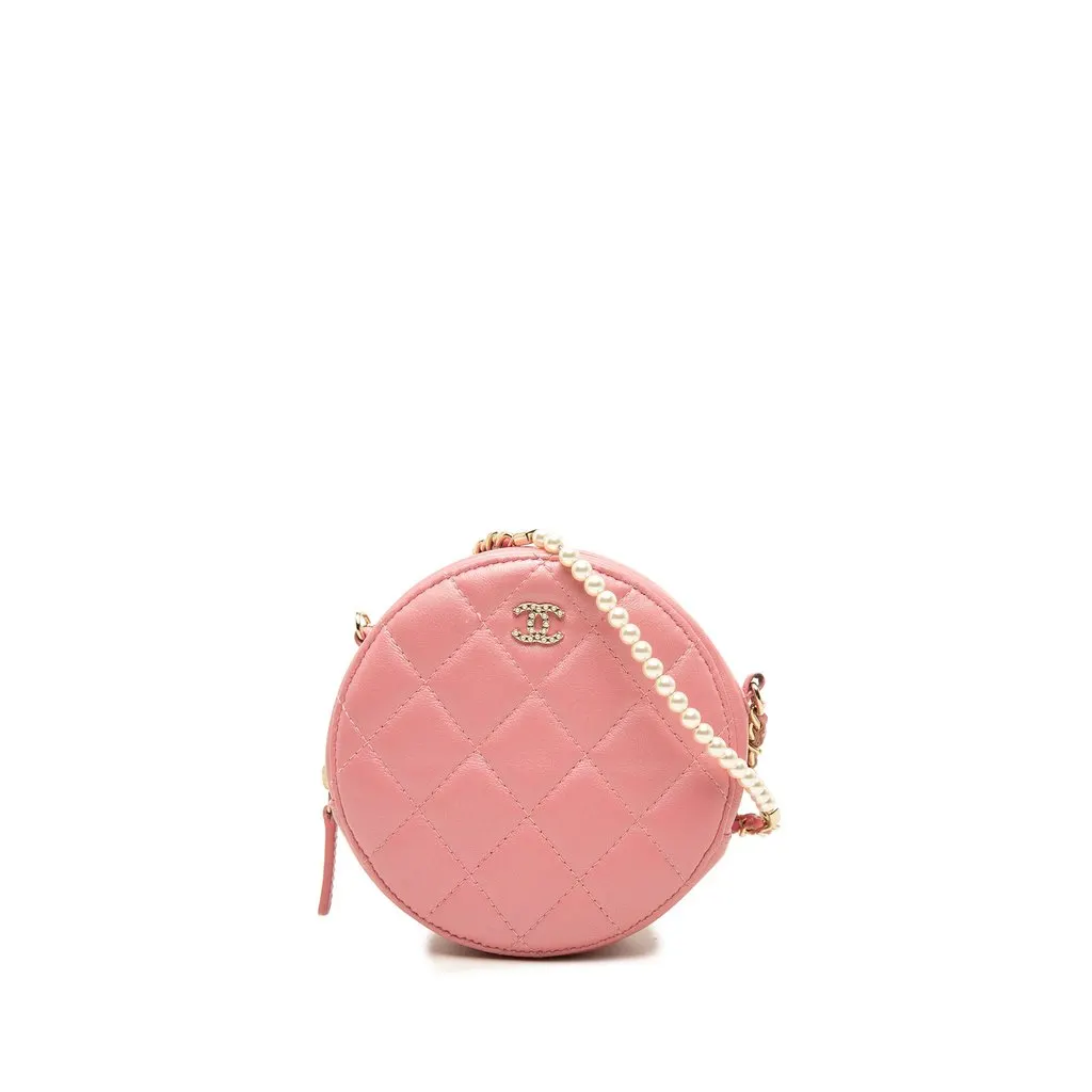 Chanel Quilted Lambskin Round Pearl Clutch with Chain Pink Leather Good - Front View