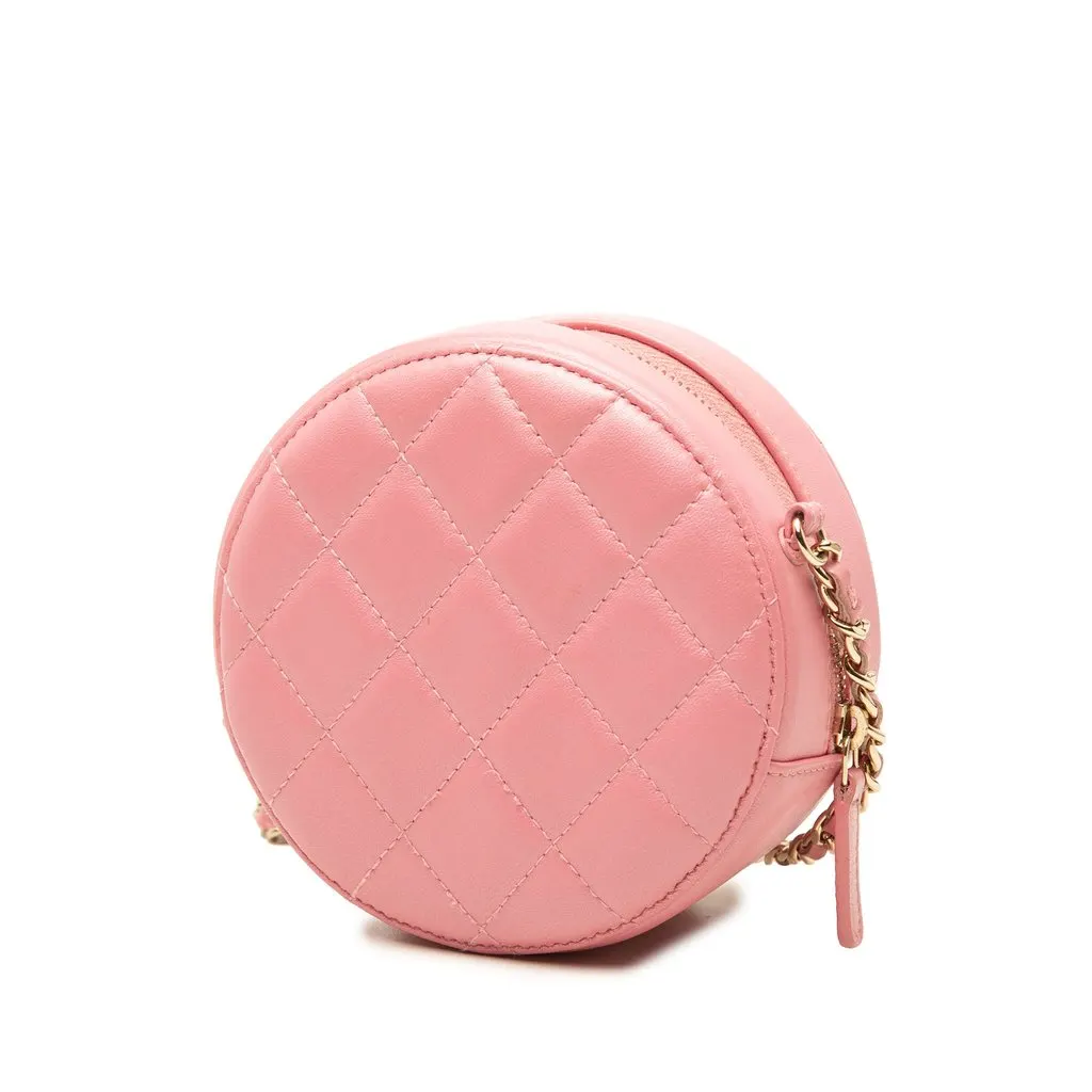 Chanel Quilted Lambskin Round Pearl Clutch with Chain Pink Leather Good - Back View