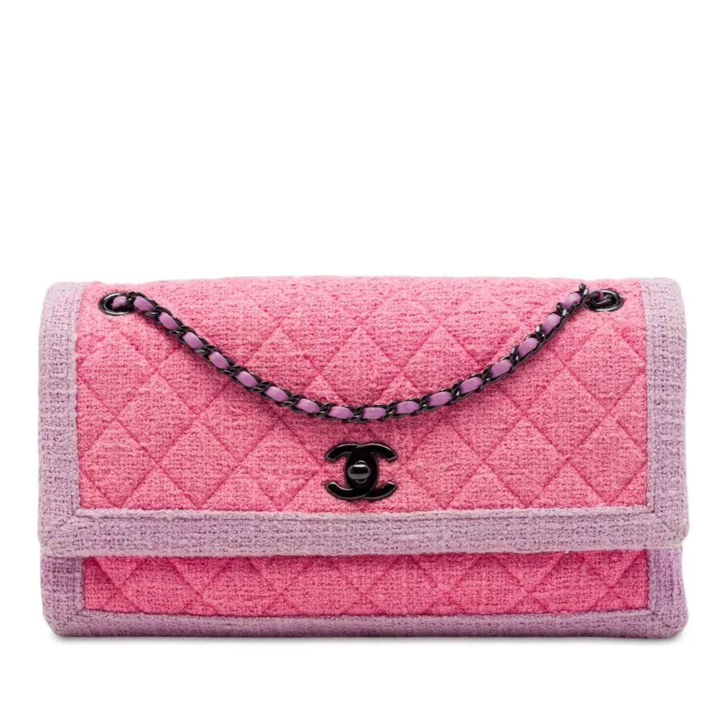 Chanel CC Quilted Tweed Accordion Flap Pink Tweed Very good - Front View